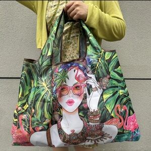 Colorful Flamingo Print Large Tote Bag, Foldable